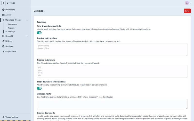 Download Tracker settings, including auto-track download links, tracked path prefixes, crawler downloads and served-download options.