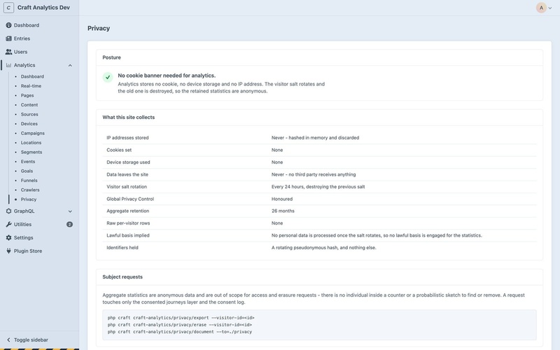Craft Analytics Privacy screen confirming no cookies, no stored IP addresses and a salt rotated every 24 hours.
