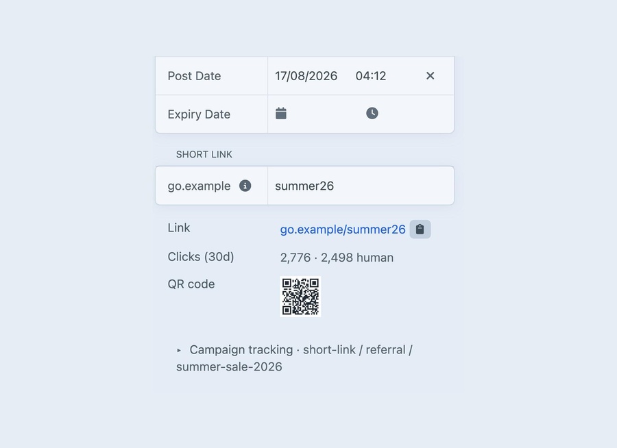 Craft entry sidebar with a Short link panel showing the path, short URL, 30-day clicks and a QR code.