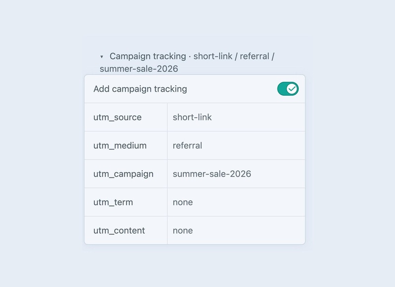 Campaign tracking section with an Add campaign tracking switch and utm_source, utm_medium and utm_campaign values.