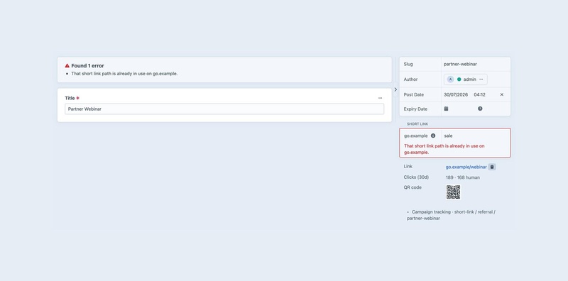 Entry editor showing the error ‘That short link path is already in use’ on the Short link path field.