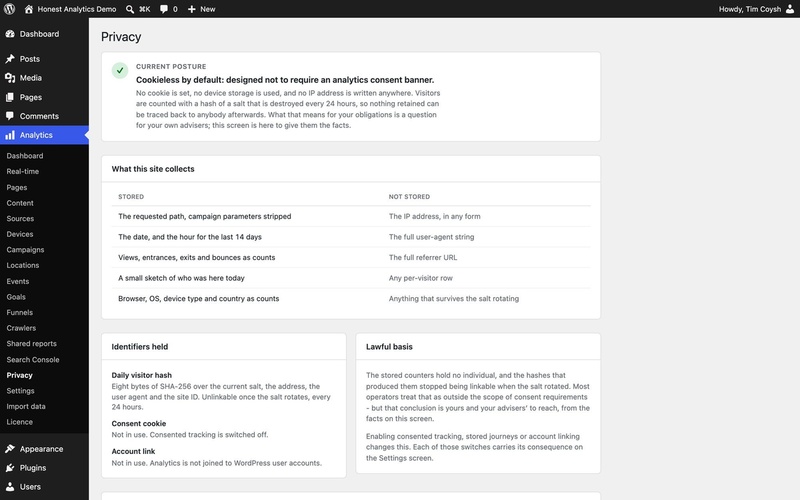 Honest Analytics Privacy screen listing what the site stores and never stores, with identifiers held and lawful basis.